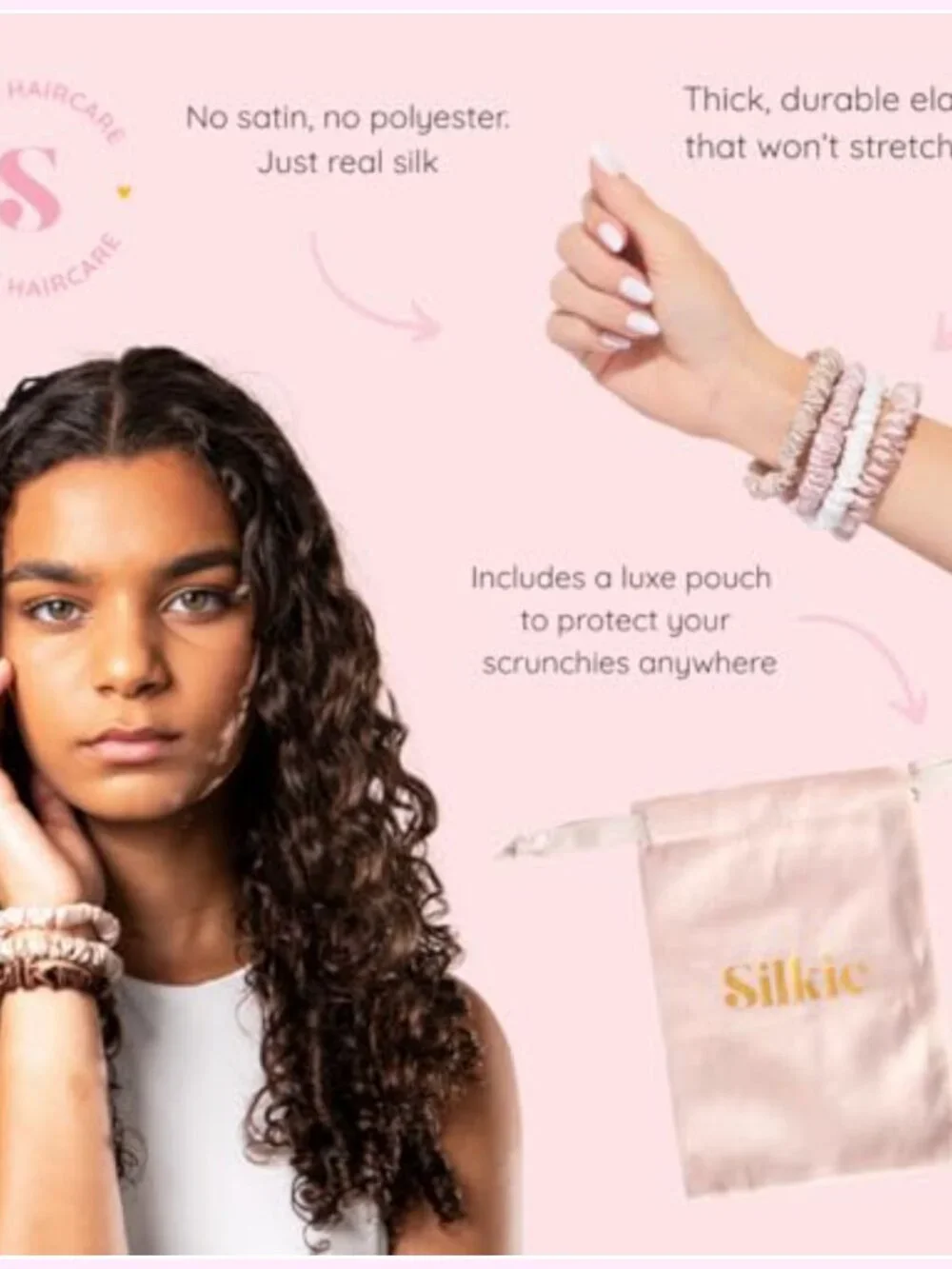 100% Pure Mulberry Silk Skinny Scrunchies Set of 4 with Travel Pouch Hair Ties